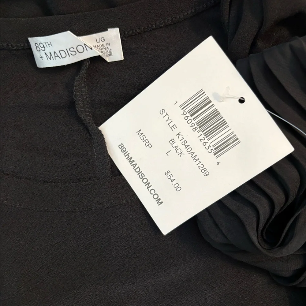 NWT! 89th & Madison Black Sheer Pleated Sleeve Blouse – Size Large - Picture 3 of 7